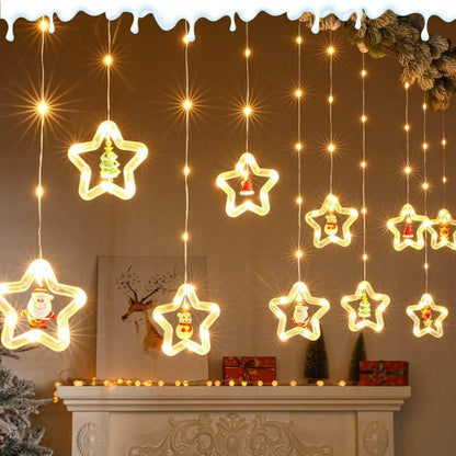Star window curtain lights with decorative pendants included in Gizmoozle Christmas Sparkle Lights Pack